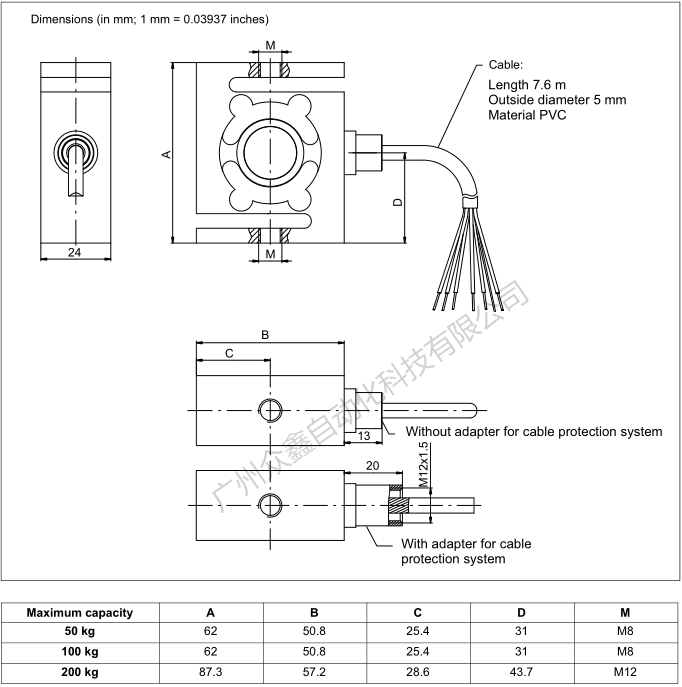 德国HBM 1-RSCC3/200KG称重传感器尺寸