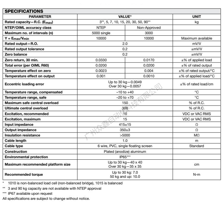 美国特迪亚 1010-10kg称重传感器产品技术参数