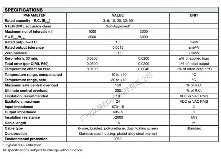 美国特迪亚 120-20T称重传感器产品技术参数