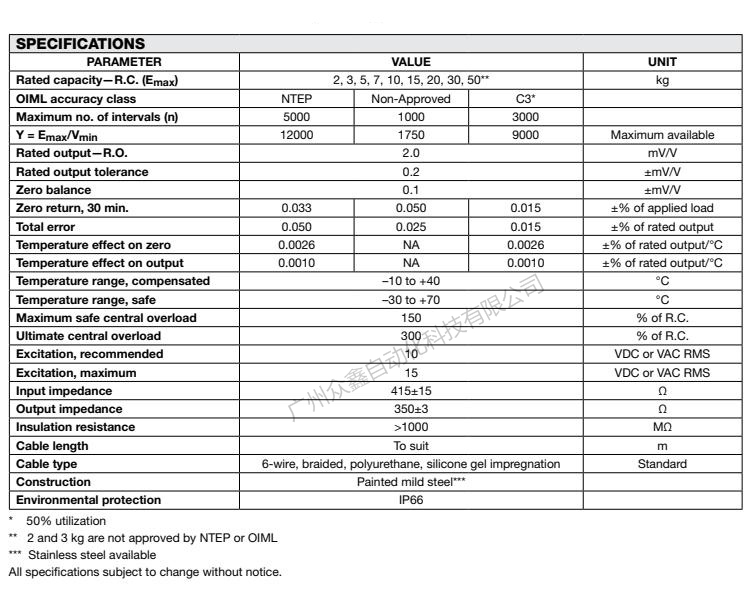 美国特迪亚 240-20kg称重传感器产品技术参数