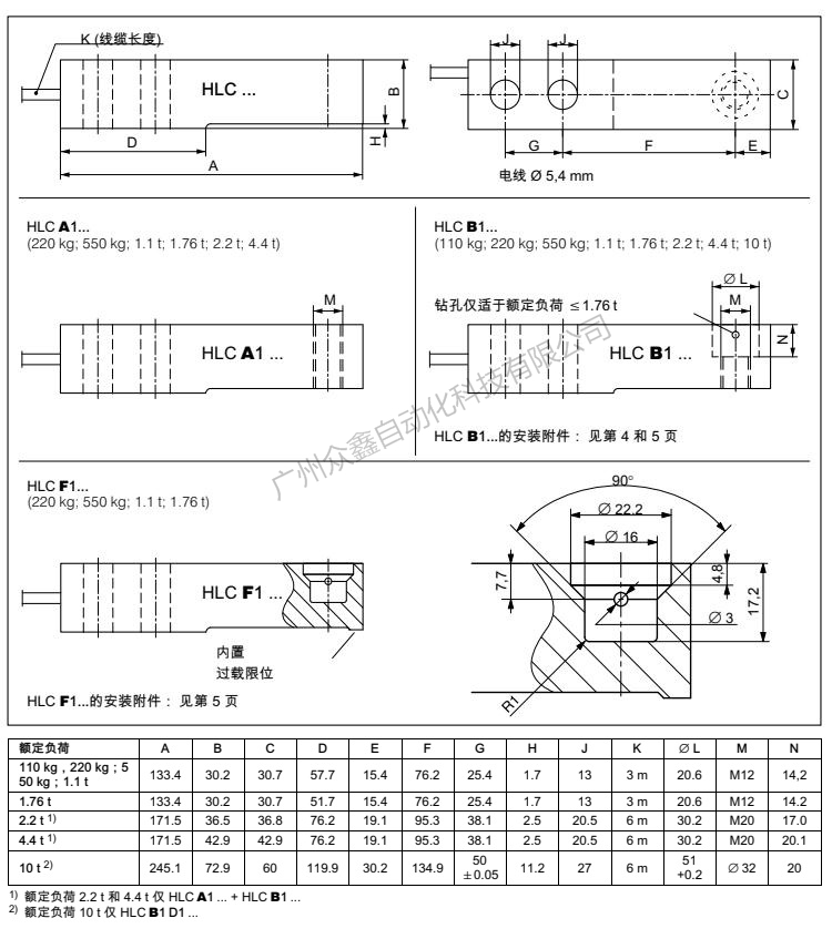 德国HBM 1-HLCB1D1/4.4T称重传感器产品尺寸