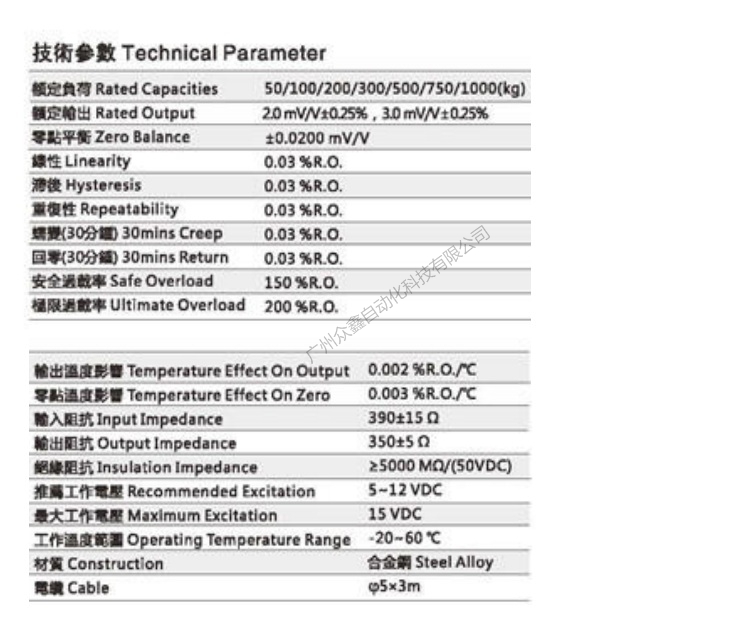 台湾mavin NS1-100kg称重传感器技术参数