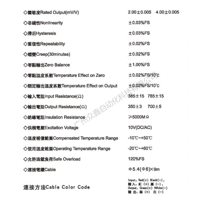 美国AC传感器 GY-3-30t称重传感器技术参数
